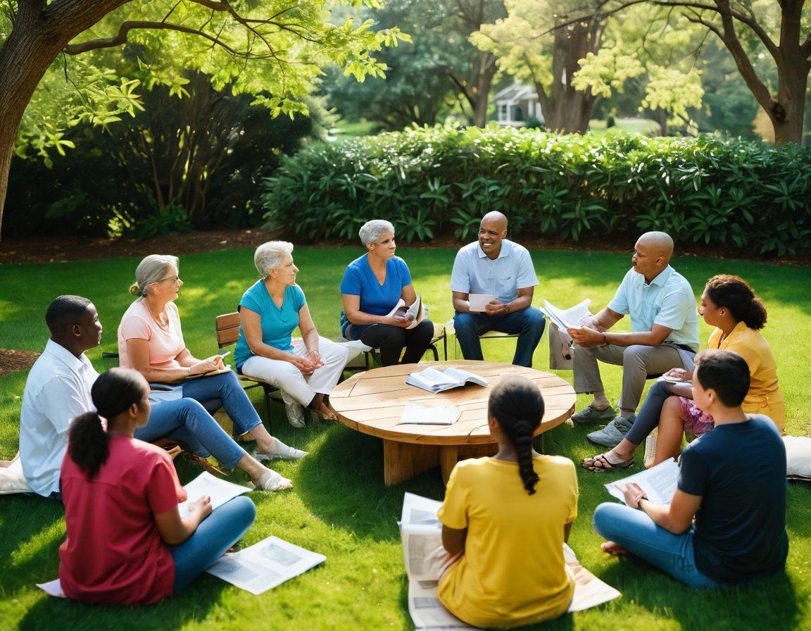 A serene scene depicting a group of diverse individuals sitting in a circle, engaged in a supportive discussion about cancer care. Include visuals of uplifting quotes on paper, symbolizing advocacy, alongside educational materials like brochures and books. The background should feature a calming environment, such as a park with greenery, to evoke a sense of hope and community. Soft, warm lighting enhances the emotional connection. super-realistic. vibrant colors. warm tones.