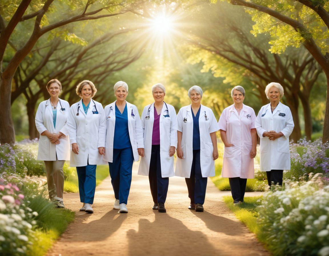 A serene landscape showcasing a diverse group of patients, each representing different stages of their cancer journey, standing together in solidarity. The background features a pathway symbolizing the journey from diagnosis to survivorship, adorned with blooming flowers that represent hope and resilience. Soft, warm sunlight filters through the trees, illuminating their faces with determination and strength. Elements of medical care, such as stethoscopes and healthy lifestyle symbols, are subtly integrated around them. super-realistic. vibrant colors. uplifting atmosphere.